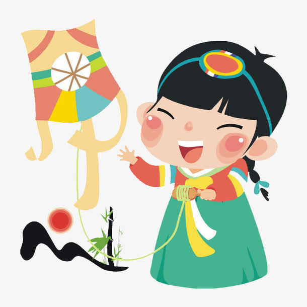 卡通韩国少女放风筝免抠