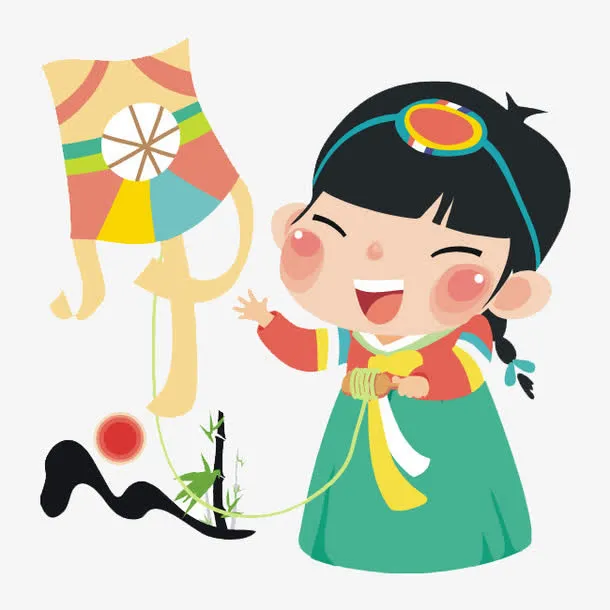 卡通韩国少女放风筝免抠