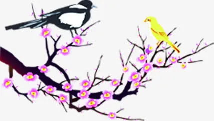 创意手绘效果喜鹊在桃花树上免抠