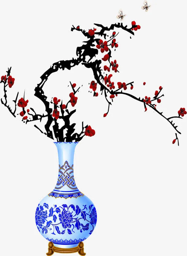 手绘红梅树枝装饰免抠