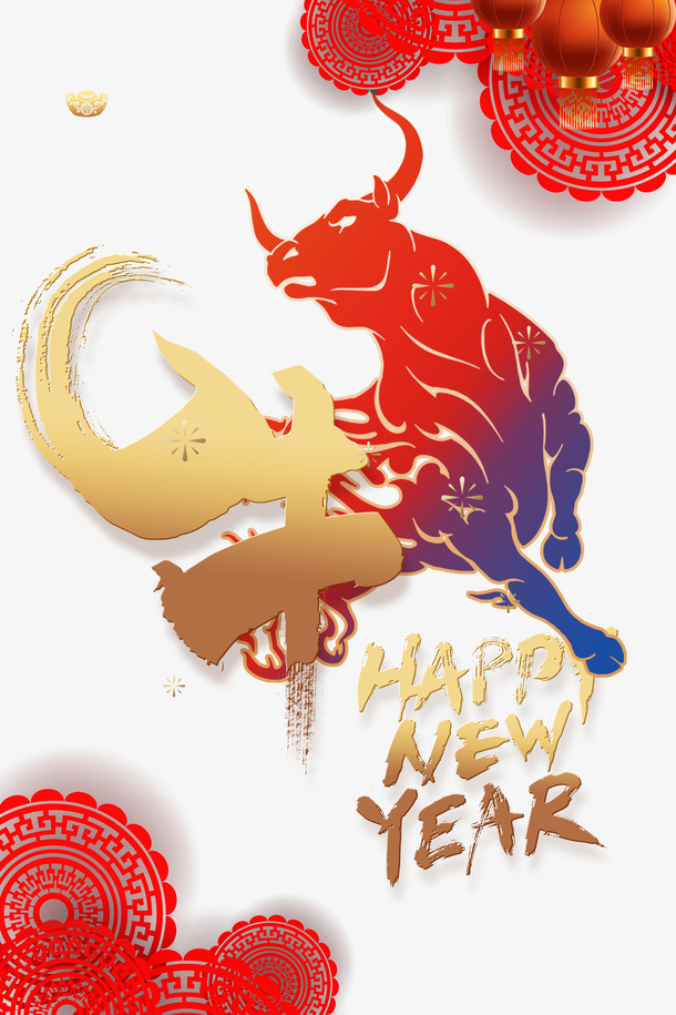 牛年剪纸元素装饰图免抠
