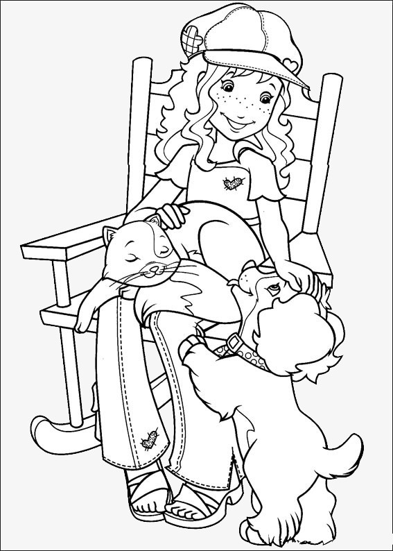 黑白简笔画可爱小女孩与小猫小狗免抠