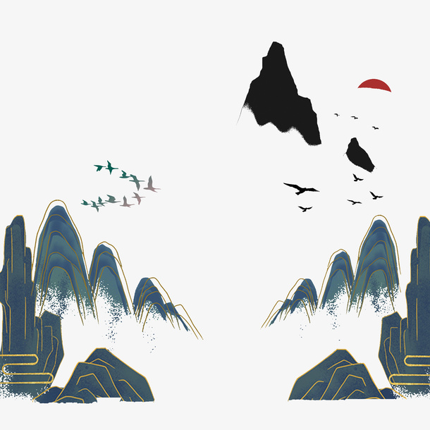 国潮风奇山落日装饰元素免抠
