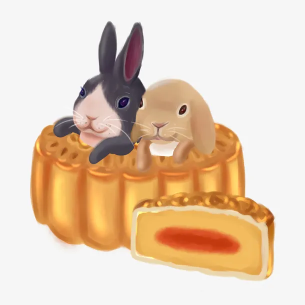 手绘立体兔子月饼免抠
