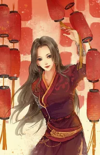 红色灯笼长发女子高清合成免抠