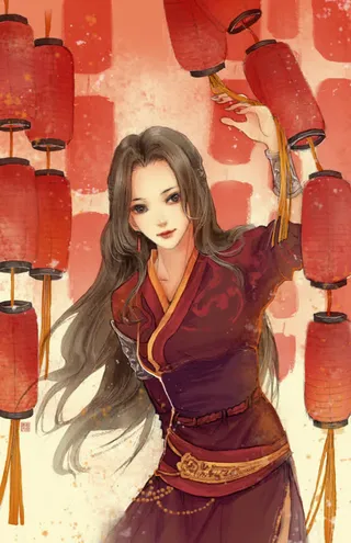 红色灯笼长发女子高清合成免抠
