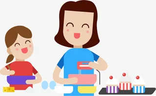 母亲节做蛋糕的母女免抠