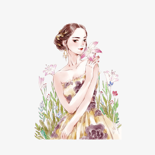 手绘唯美拿花的美女免抠