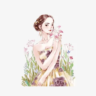 手绘唯美拿花的美女免抠