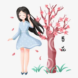 春天女孩梅花游玩免抠