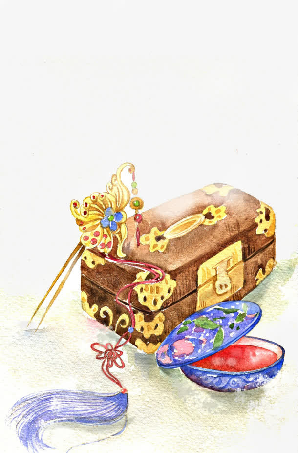 唯美古风水彩插画免抠