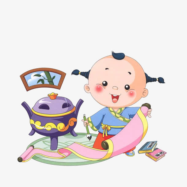 卡通古代写字看书的小孩素材免抠
