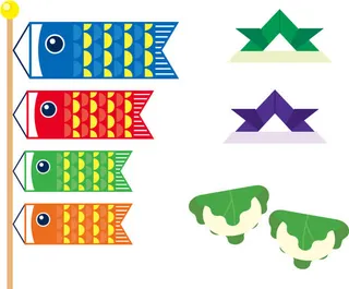 手绘卡通风格鲤鱼旗和饭团免抠