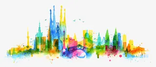 水彩水墨城市剪影免抠