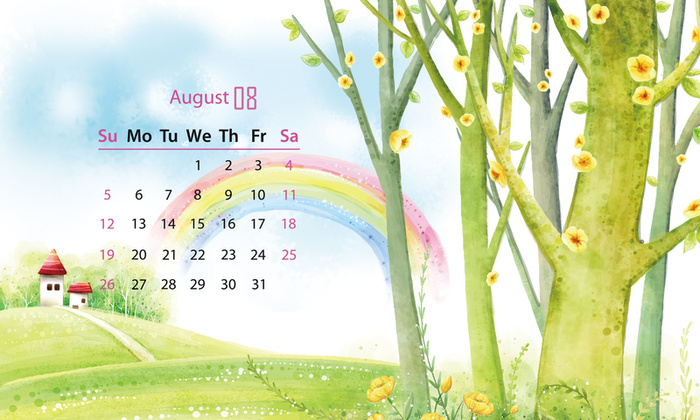 年绿色梦环手绘风景遇见春天台历8月份高清