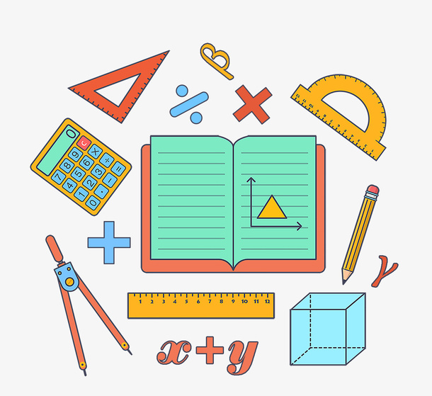 铅笔圆规计算器尺子立方体数学元素免抠