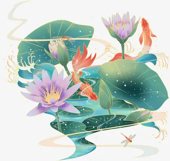 中国风手绘荷叶鲤鱼免抠