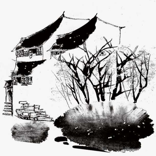 乡村水墨画免抠