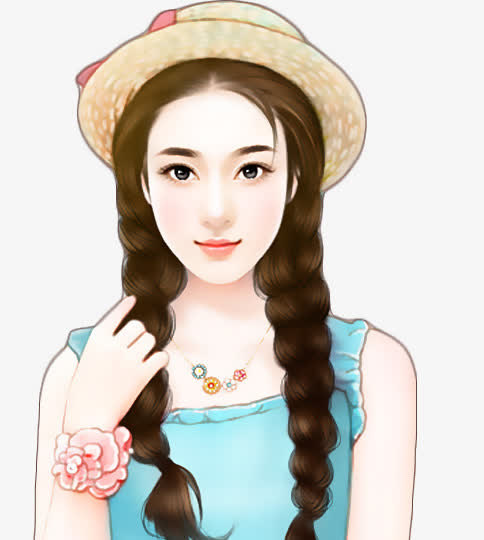 戴帽子的双麻花辫少女手绘免抠