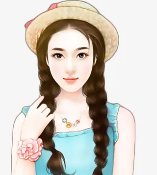 戴帽子的双麻花辫少女手绘免抠