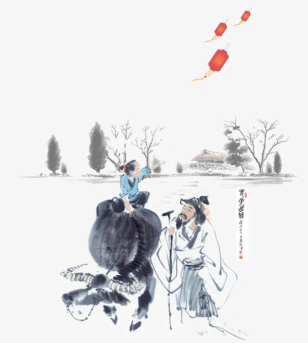 放牛的小孩和老人免抠