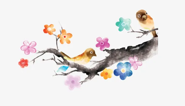 手绘中国风彩色花朵水墨免抠