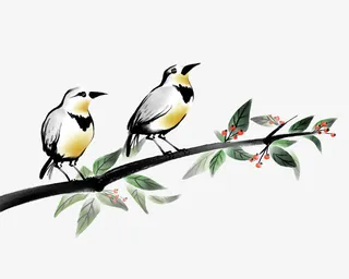 枝头小鸟水墨简图免抠