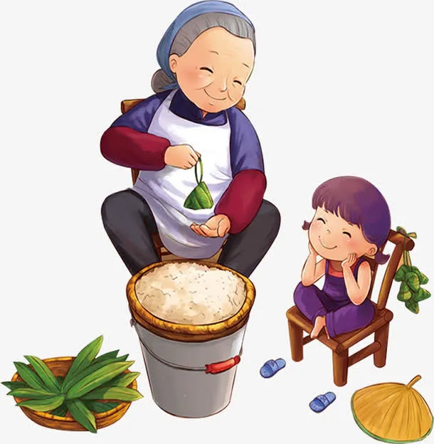 可爱孙女奶奶包粽子免抠