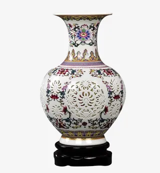 景德镇双层青花粉彩镂陶瓷花瓶免抠