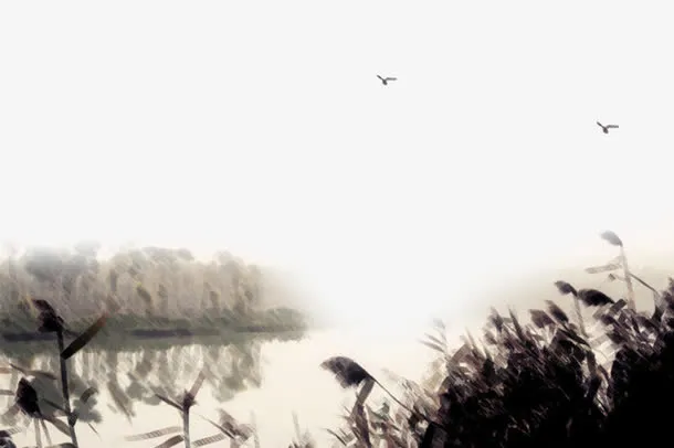 清明节水墨湖面景色素材免抠