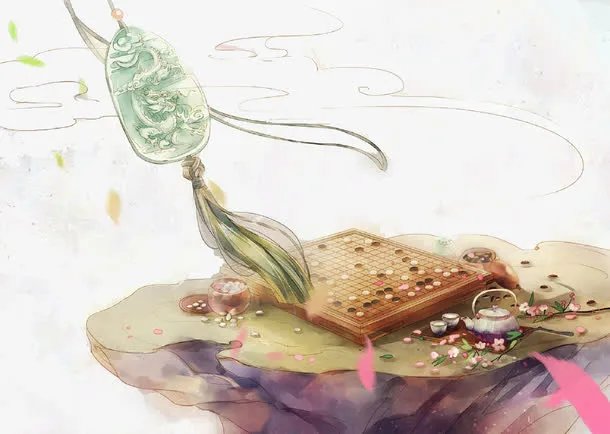 唯美中国古风水彩插画棋盘免抠