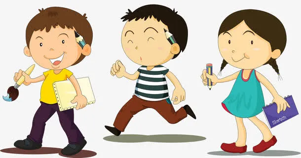 三个拿着画笔准备画画的小孩免抠