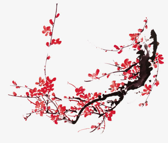 红色中式梅花美景水墨免抠