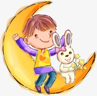 夜晚坐在星星上的小男孩免抠