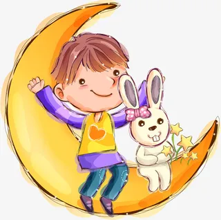 夜晚坐在星星上的小男孩免抠