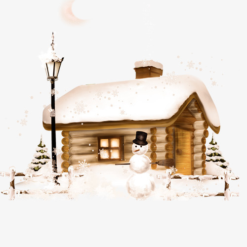 卡通手绘积雪木屋免抠