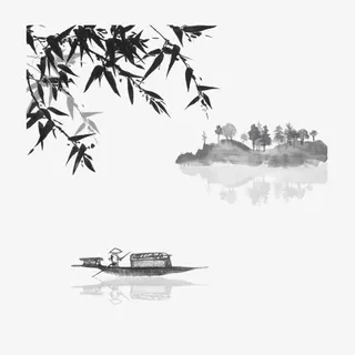 江上的小舟水墨画矢量素材免抠