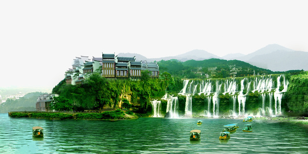 山水瀑布人家素材免抠