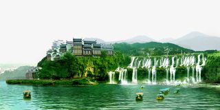 山水瀑布人家素材免抠