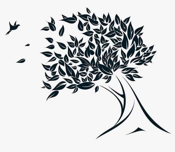 吹弯的树黑白图免抠