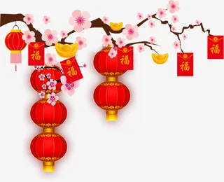 红色中国风花枝灯笼免抠