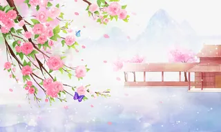 春天花朵蝴蝶树枝凉亭免抠