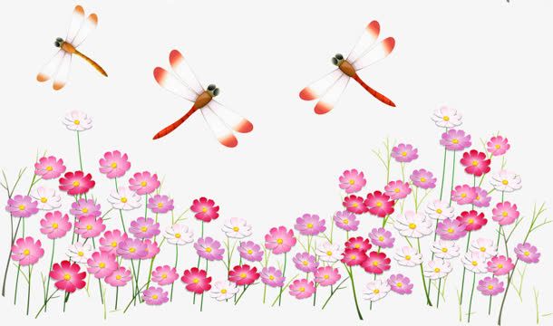 蜻蜓 水彩红花免抠