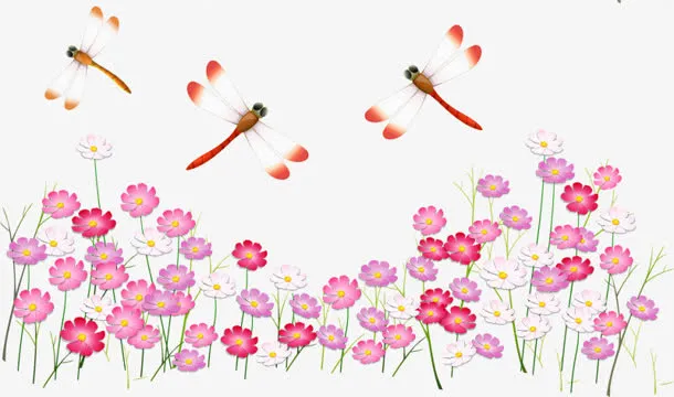 蜻蜓 水彩红花免抠