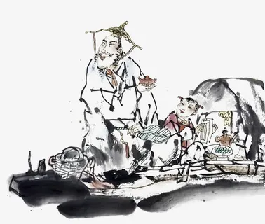 中国风国画水墨垂钓免抠