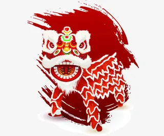 手绘水墨红色狮子免抠