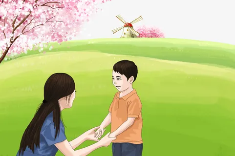 春天手绘人物樱花草地风车免抠