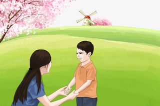 春天手绘人物樱花草地风车免抠