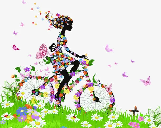 春季创意踏青草地蝴蝶美女免抠