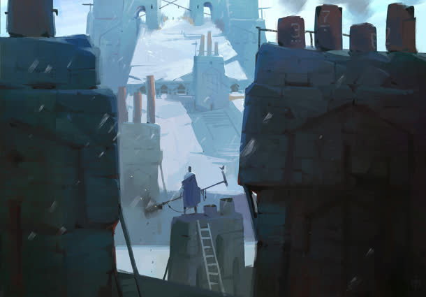 蓝色手绘人物楼梯免抠